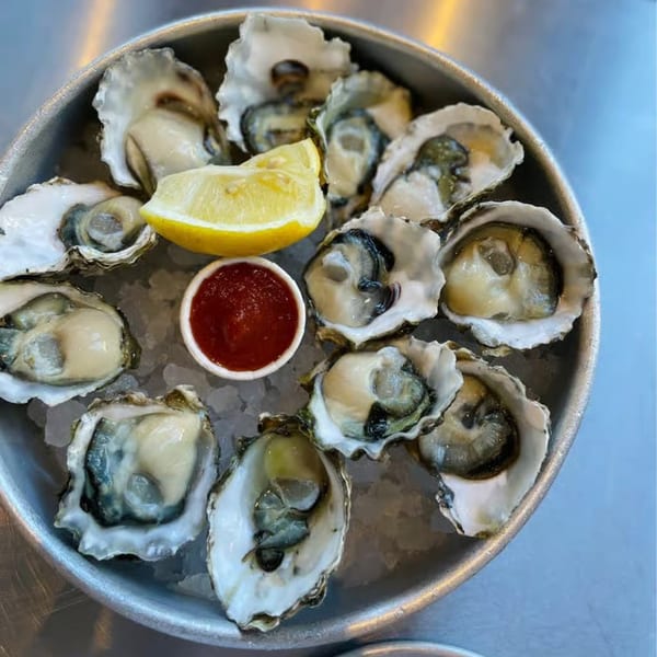 A dozen fresh oysters on ice with a lemon wedge and cocktail sauce in a metal bowl.